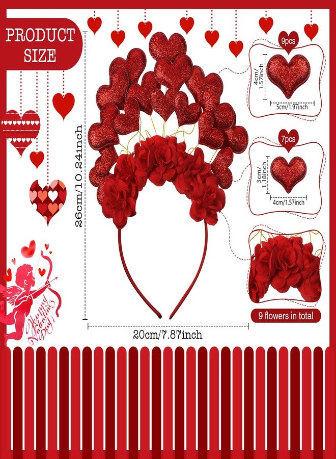 تشوانغ دي طوق رأس تشوانغدي على شكل قلب مزين بالورود، تاج زهري لامع، طوق رأس مزين بالورود لحفلات الزفاف في عيد الحب (أحمر) - Image 2